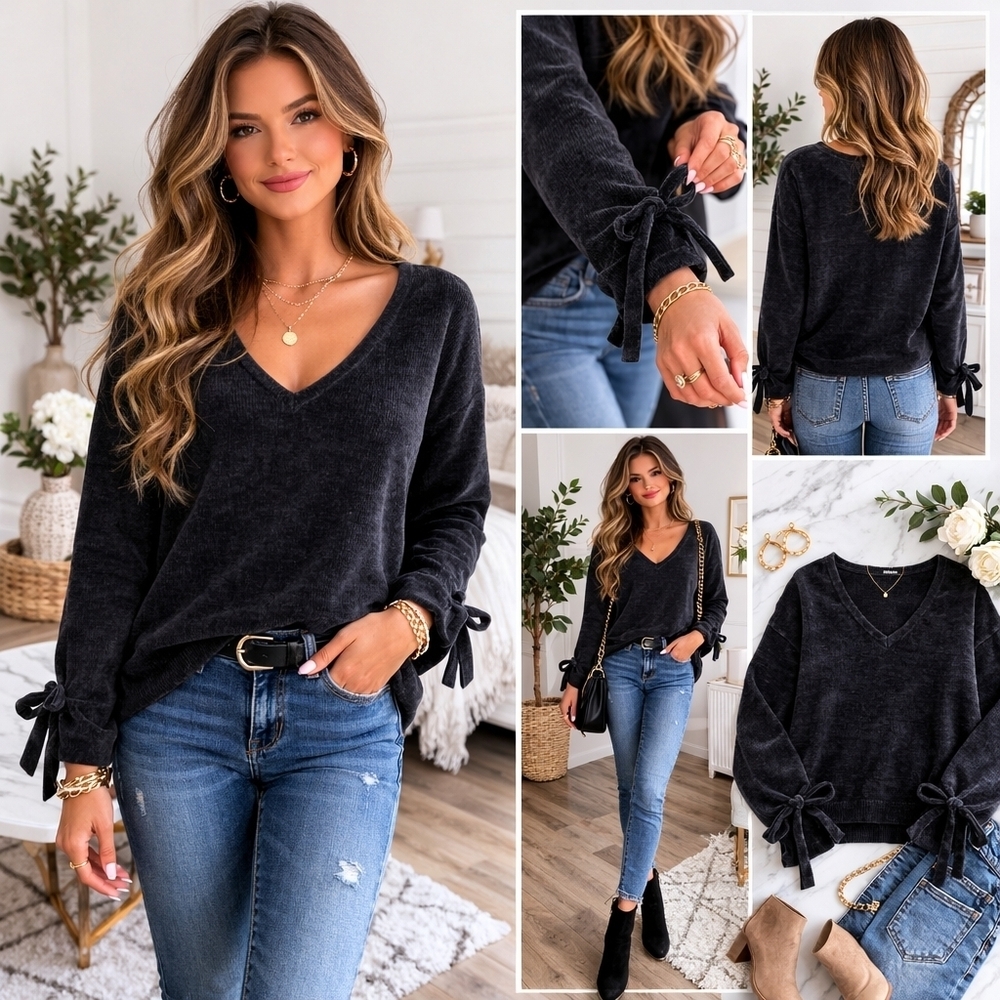 Rag Poets Black Soft Plush V Neck Tie Sleeve Sweater L